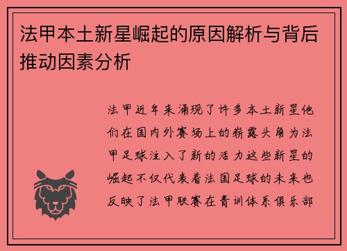 法甲本土新星崛起的原因解析与背后推动因素分析